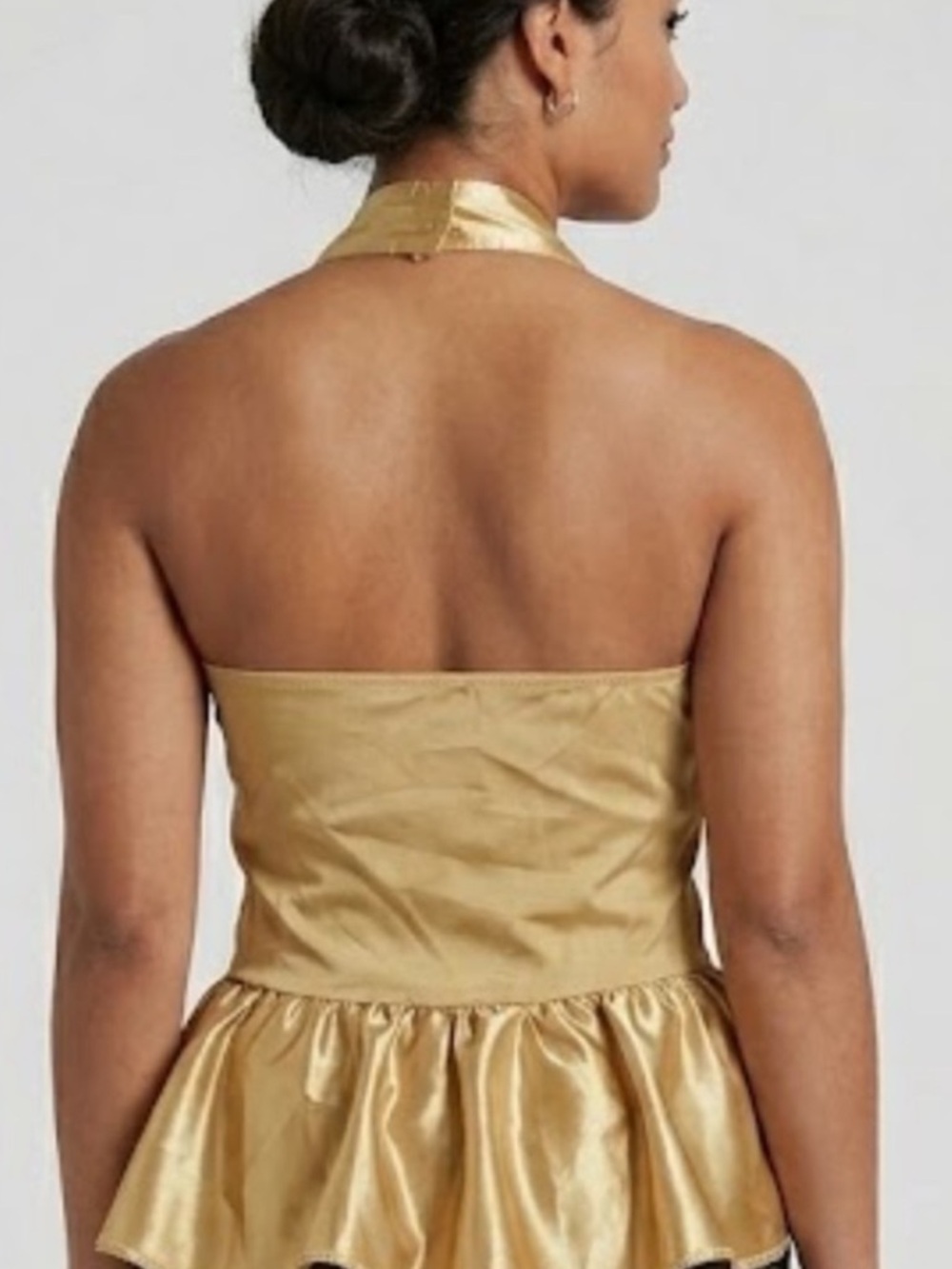 Gold Satin Halter Peplum Zip-Front Top - Picture 9 of 11